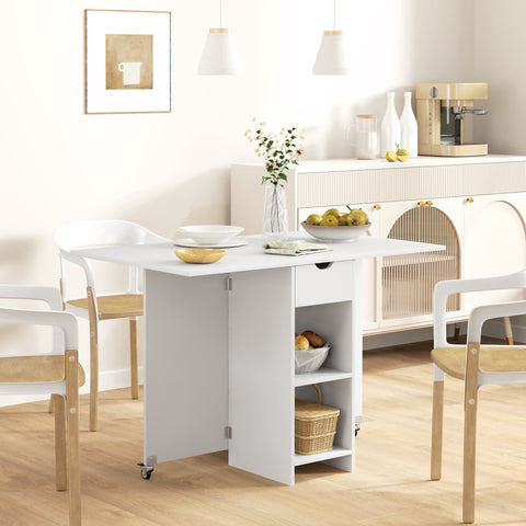 Rootz Folding Dining Table - Space-saving Table - Extendable Table - Storage & Wheels - White - 114.5W x 70D x 75H cm
