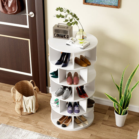 Rootz Rotating Shoe Rack - 5-Tier Organizer - Space-Saving Shelf - Easy Assembly - 115x60x60 cm White