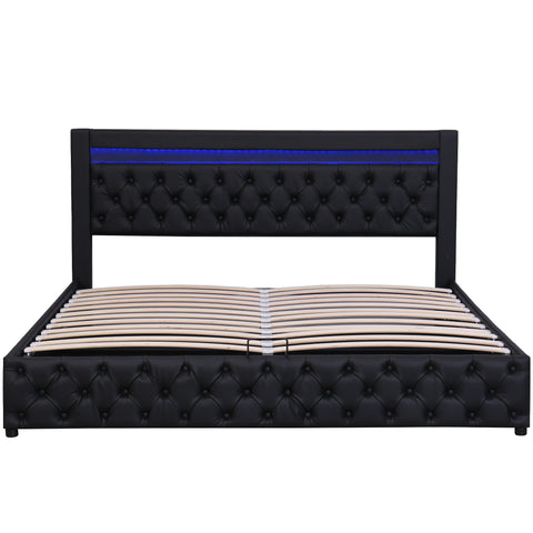 Rootz Upholstered Bed Frame - Storage Bed - LED Bed - Ample Storage Space - 207cm x 142cm x 100cm - Black