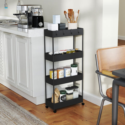 Rootz Black Kitchen Cart - Niche Car - Mobile Trolley - Space-Saving Storage - 40cm x 19cm x 90cm with Hooks & Wheels