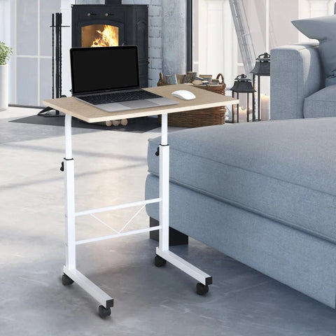 Rootz Side Table - Height-adjustable - Coffee Table - Mobile End Desk With Wheels - Parking Brakes - C-tables - Chipboard - Steel - Iron - Plastic - White - 60 x 40 x 68-78 cm
