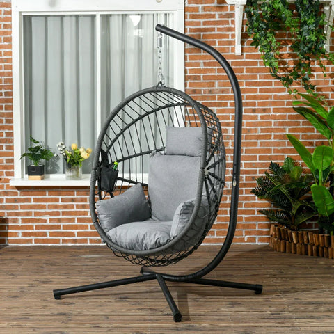 Rootz Outdoor Hanging Chair - Hanging Chair with Cushion - Egg Chair - Polypropylene Rope - Grey - 120 cm x 106 cm x 188 cm