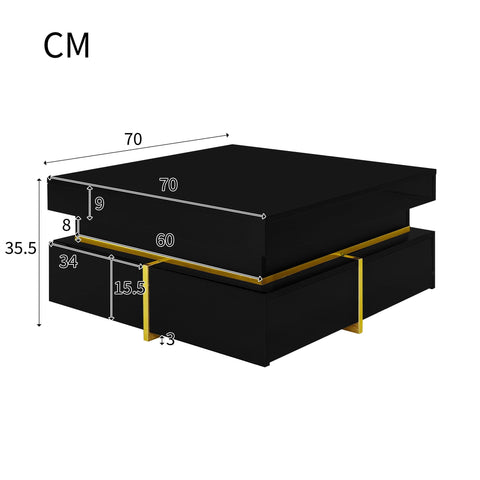 Rootz High Gloss Coffee Table - Living Room Table - Gold-Plated Accents - Ample Storage - 70cm x 70cm x 35.5cm