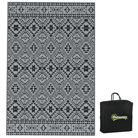 Rootz Outdoor Reversible Carpet - Outdoor Rug - Geometric Rug - Waterproof - Non-woven Fabric - Black + Grey - 182x274cm