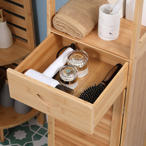 Rootz Bathroom Shelf - Storage Cabinet - Organizer Unit - Bamboo Construction - 3 Compartments, Drawer - 32 x 30 x 163 cm