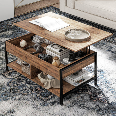 Rootz Coffee Table with Folding Tray - Hidden Compartment - Living Room Table - Multifunctional - 100 x 80 x 60 cm Rustic Brown Black