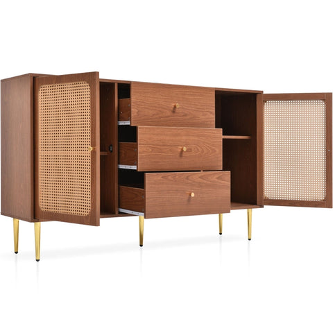 Rootz Faux Rattan Chest of Drawers - 2 Door, 3 Drawer - Walnut Finish - Ample Storage - 150L x 40D x 90H cm