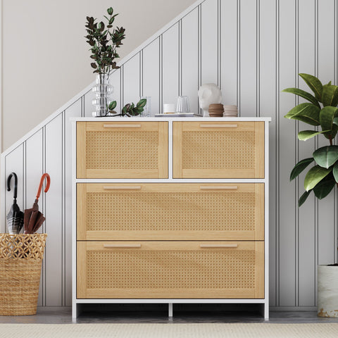 Rootz High-Quality Rattan Cabinet - 4 Drawer Storage - Solid Wood Handles - Durable & Stylish - 80L x 80W x 38H cm