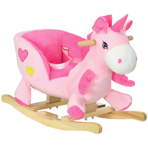Rootz Rocking Horse In Unicorn Design - With Lap Belt - Music Function - Plush Cover - Metal Frame - Pink - 65cm x 35cm x 45cm