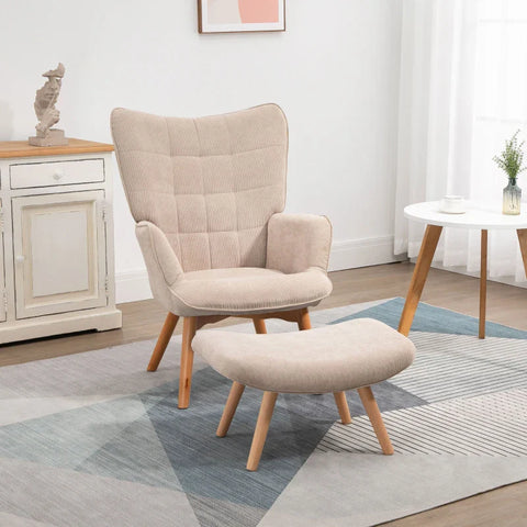 Rootz Accent Chair In Scandi Design - With Ottoman - Armchair Set - Beech Wood - Cord Look - Beige - 72L x 80W x 101H cm