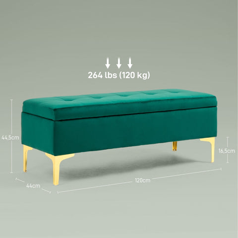 Rootz Green Velvet Storage Bed Bench - Entryway Bench - Upholstered Bench - Button Tufted Design - Gold Legs - 120cm x 44cm x 44.5cm