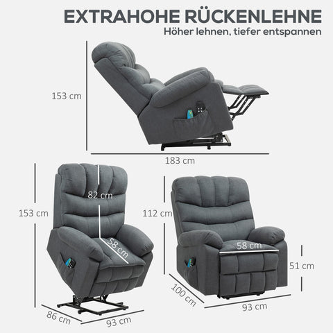 Rootz Grey Electric Reclining Armchair - Upholstery Chair - Massage Function - Senior Mobility Aid - 93cm x 100cm x 112cm