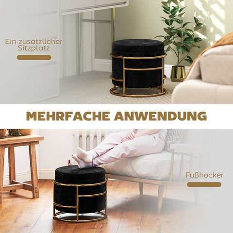 Rootz Sitting Stool with Storage - Foot Stool - Elegant Ottoman - Velvet Softness - Ø42 x 39h cm - Gold-Plated Frame - Black