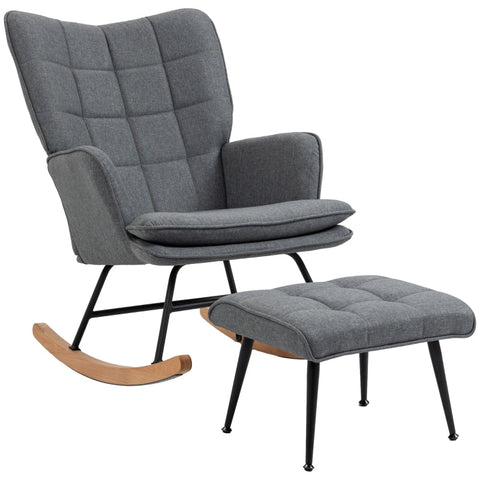 Rootz Rocking Chair with Footstool - Nursing Chair - Padded Armchair - Elegant Design - Beech Wood Legs - Gray - 64cm x 89cm x 90cm