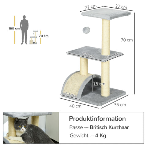 Rootz 72cm Cat Tower - Scratch Tree - Climbing Post - Protects Furniture - 40L x 35W x 72H cm - Grey