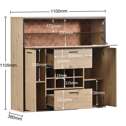 Rootz Wine Cabinet - Wine Storage - Wine Display - LED Lighting - 110L x 38W x 111H cm