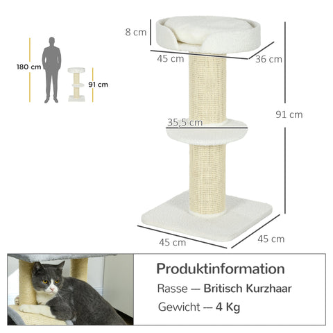 Rootz Cat Tree 91cm - Climbing Tree - Activity Tower - Promotes Play - 45cm x 45cm x 91cm - White Lamb Wool
