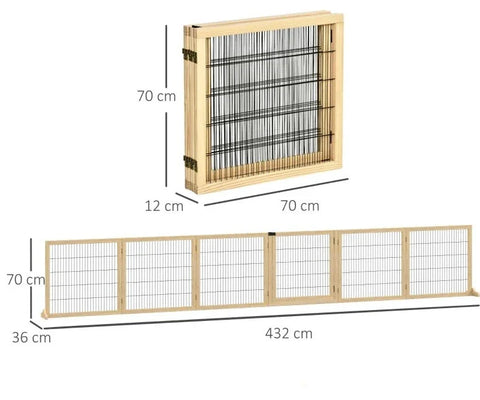 Rootz Pet Gate for Dogs - Pine Wood - Freestanding Dog Safety Barrier  - Two Support Feet - Foldable - Natural - 432 x 36 x 70 cm