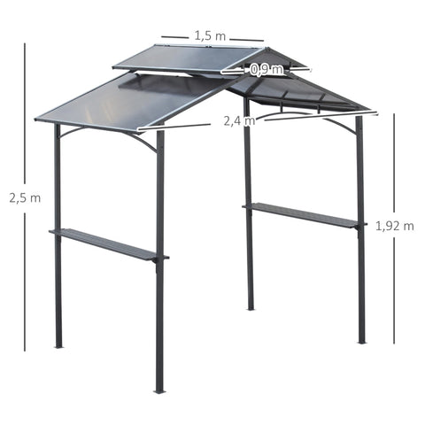Rootz Barbecue Pavilion with Flame Protection Roof - BBQ Shelter - Outdoor Grill Gazebo - UV Protected - Rainproof - Double Roof Ventilation - 240cm x 150cm x 250cm - Steel & PC - Black + Brown