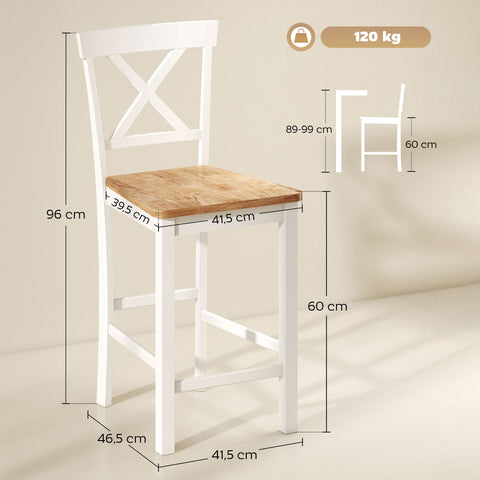 Rootz 2 Piece Set Bar Chairs - Bar Stools - Kitchen Seating - Enhanced Comfort - Rubber Wood - Brown & White - 41.5cm x 46.5cm x 96cm