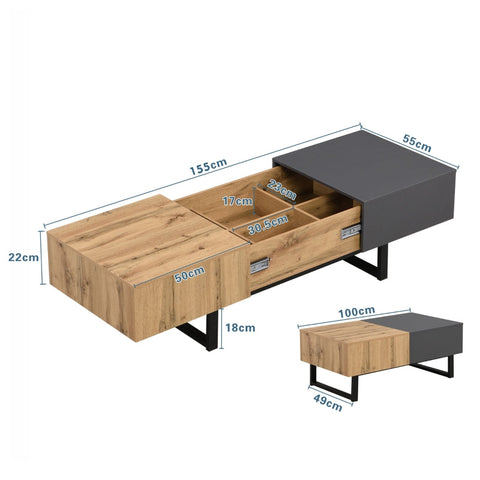 Rootz Modern Coffee Table - Living Room Table - Office Desk - Hidden Storage Compartments - 155L x 55W x 22H cm