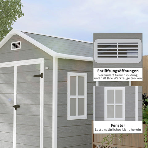 Rootz Plastic Garden Shed - Tool Shed - Outdoor Storage Unit - Weatherproof & Lockable - Ventilated & UV Resistant - 182x151x219cm - Grey, White