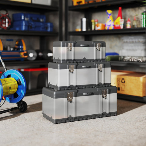 Rootz 3-Part Toolbox Set - Stainless Steel Storage - Portable Organizer - Durable & Shockproof - 39.5cm x 18.5cm x 17cm, 47cm x 23.8cm x 20.3cm, 58.2cm x 29.8cm x 25.5cm