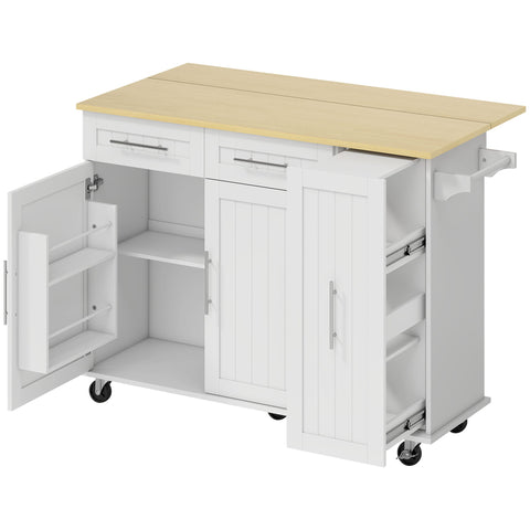 Rootz Mobile Kitchen Island - Expandable Surface - Kitchen Trolley - Rolling Cart - Organized Storage - White/Brown- 129x65x91 cm