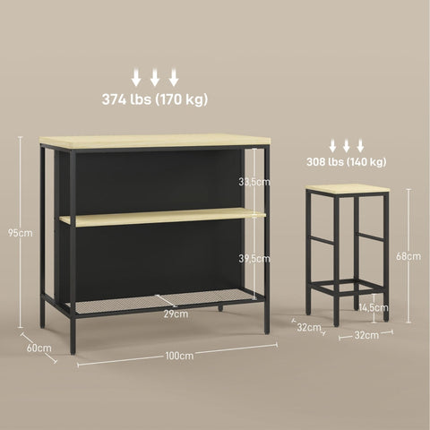 Rootz 3-Piece Bar Table Set - Bar Chairs - Pub Table - Stain Resistant - Space-Saving - Steel Frame - 100W x 60D x 95H cm (Table), 32W x 32D x 68H cm (Stool) - Black/Oak