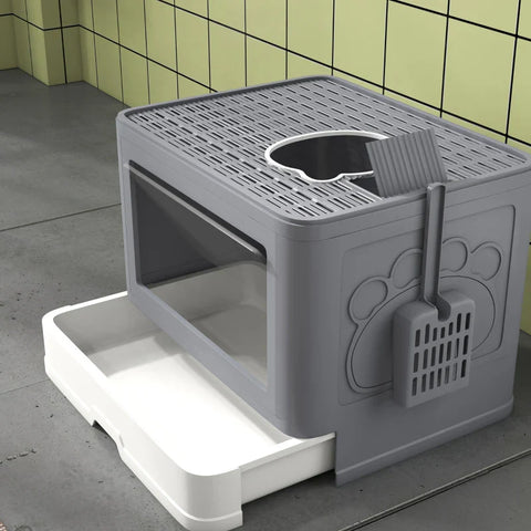 Rootz Cat Litter Box - Cover - Shovel - 2 Exits - Cat up to 4kg - Pull-out drawer - Plastic - Gray - White - 48.5 X 38 X 36.5 Cm