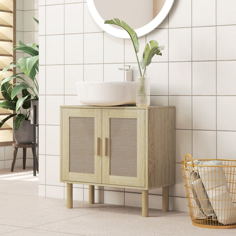 Rootz Bathroom Cabinet with Sink Unit - Rattan Doors - Vanity Organizer - Pine Wood Feet - Stylish Storage - 60cm x 30cm x 60cm