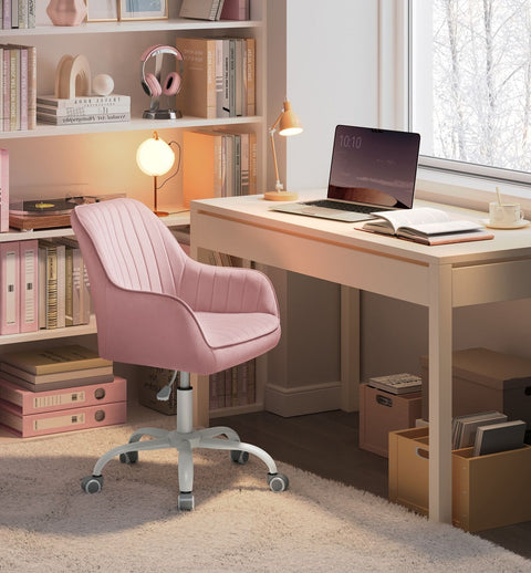 Rootz Velvet Covered Office Chair - Adjustable Height - Pastel Pink - Steel Frame - Nylon Wheels - Foam Padding - 64cm x 62cm x (80-90)cm