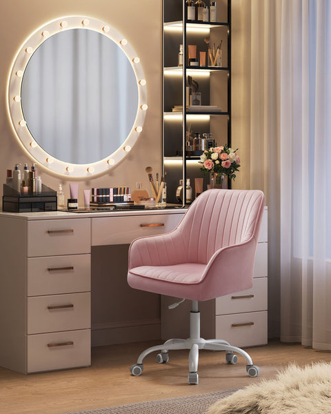 Rootz Velvet Covered Office Chair - Adjustable Height - Pastel Pink - Steel Frame - Nylon Wheels - Foam Padding - 64cm x 62cm x (80-90)cm