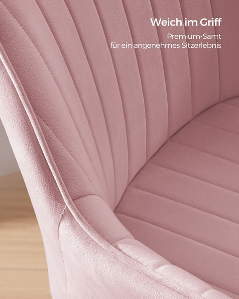 Rootz Velvet Covered Office Chair - Adjustable Height - Pastel Pink - Steel Frame - Nylon Wheels - Foam Padding - 64cm x 62cm x (80-90)cm