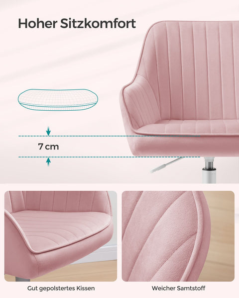 Rootz Velvet Office Chair - Desk Chair - Rolling Chair - Memory Foam Padding - 64cm x 62cm x (80-90)cm - Pastel Pink