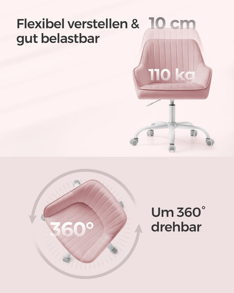 Rootz Velvet Covered Office Chair - Adjustable Height - Pastel Pink - Steel Frame - Nylon Wheels - Foam Padding - 64cm x 62cm x (80-90)cm