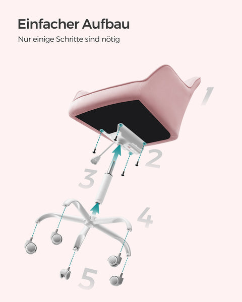 Rootz Velvet Covered Office Chair - Adjustable Height - Pastel Pink - Steel Frame - Nylon Wheels - Foam Padding - 64cm x 62cm x (80-90)cm