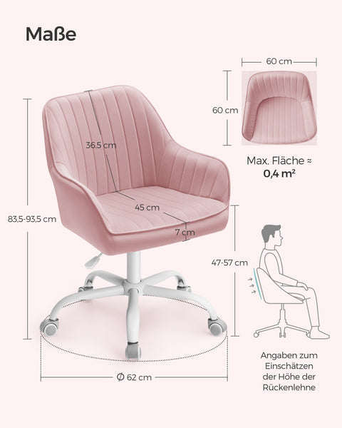 Rootz Velvet Office Chair - Desk Chair - Rolling Chair - Memory Foam Padding - 64cm x 62cm x (80-90)cm - Pastel Pink