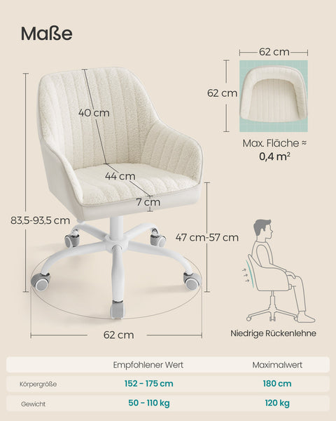 Rootz Upholstered Office Chair - Cappuccino Beige - Cloud White - Steel Frame - Sherpa - Faux Leather - Ergonomic Design - 62cm x 62cm x (83.5-93.5cm)