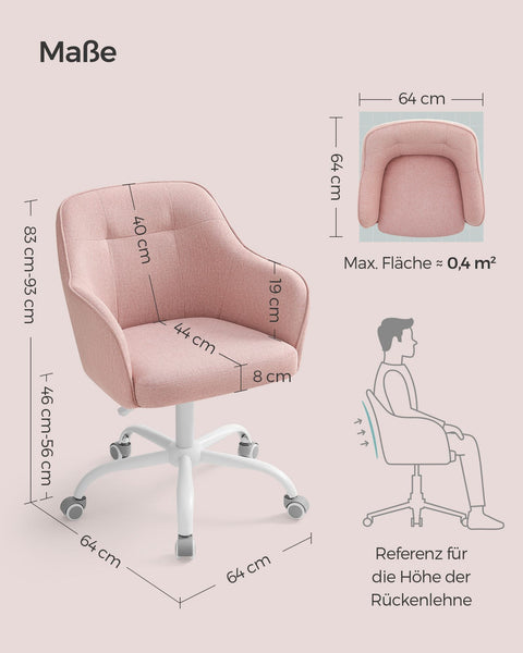 Rootz Pink Swivel Chair - Office Chair - Rolling Chair - Steel Frame - Foam Padding - 69cm x 65cm x (83-93cm) - Adjustable Height
