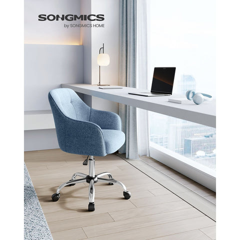 Rootz Swivel Chair - Blue - Steel Frame - Foam Padding - Cotton Linen Blend - PU Wheels - Ergonomic Design - Adjustable Height - Lightweight - 69cm x 65cm x (83-93cm)