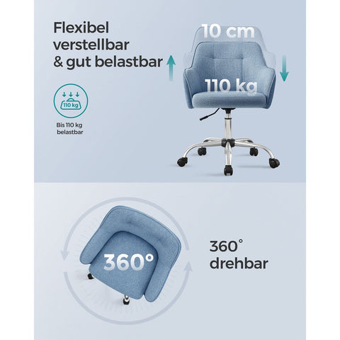 Rootz Swivel Chair - Blue - Steel Frame - Foam Padding - Cotton Linen Blend - PU Wheels - Ergonomic Design - Adjustable Height - Lightweight - 69cm x 65cm x (83-93cm)