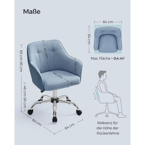 Rootz Swivel Chair - Blue - Steel Frame - Foam Padding - Cotton Linen Blend - PU Wheels - Ergonomic Design - Adjustable Height - Lightweight - 69cm x 65cm x (83-93cm)