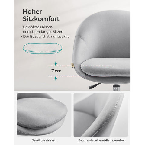 Rootz Swivel Chair Gray - Steel Frame - Cotton-Linen - Rolling Wheels - 28kg/m3 Foam - Adjustable Height - 60cm x 60cm x (80-90cm)