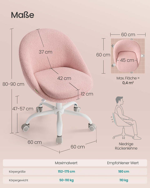 Rootz HomeOffice Swivel Chair - Fleece Chair - Ergonomic Seat - Adjustable Height - 60x60x80-90 cm - Pink