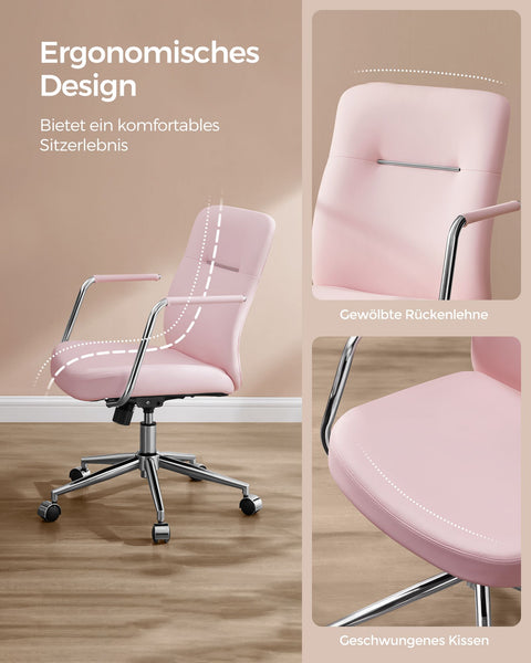 Rootz Pastel Pink Office Chair - Steel Frame - Foam Seat - PU Cover - Adjustable Height - 60cm x 60cm x (93-103cm)