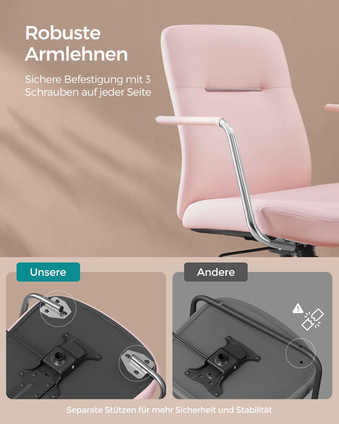 Rootz Pastel Pink Office Chair - Steel Frame - Foam Seat - PU Cover - Adjustable Height - 60cm x 60cm x (93-103cm)