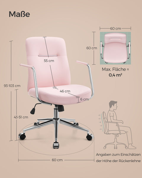 Rootz Pastel Pink Office Chair - Steel Frame - Foam Seat - PU Cover - Adjustable Height - 60cm x 60cm x (93-103cm)
