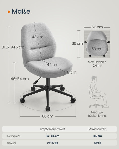 Rootz Dove Gray Desk Chair - Office Chair - Steel Base - Cotton-Linen Blend - Ergonomic Seat - 59cm x 62cm x (86.5-94.5)cm