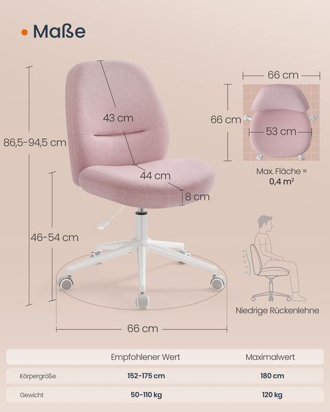 Rootz Rocking Desk Chair - Pastel Pink - Swivel Chair - Ergonomic - 59cm x 62cm x 94.5cm - Steel Frame - Cotton-Linen Blend - Foam - Plywood
